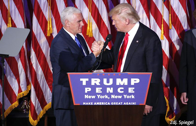 epa05623785 US Republican presidential nominee Donald Trump (C) shakes hands with running mate Mike Pence (L) as he delivers a speech on stage at his 2016 US presidential Election Night event as votes continue to be counted at the New York Hilton Midtown in New York, New York, USA, 08 November 2016. US businessman Republican Donald Trump has won the US presidential election. Americans voted on Election Day to choose the 45th President of the United States of America to serve from 2017 through 2020. EPA/SHAWN THEW +++(c) dpa - Bildfunk+++