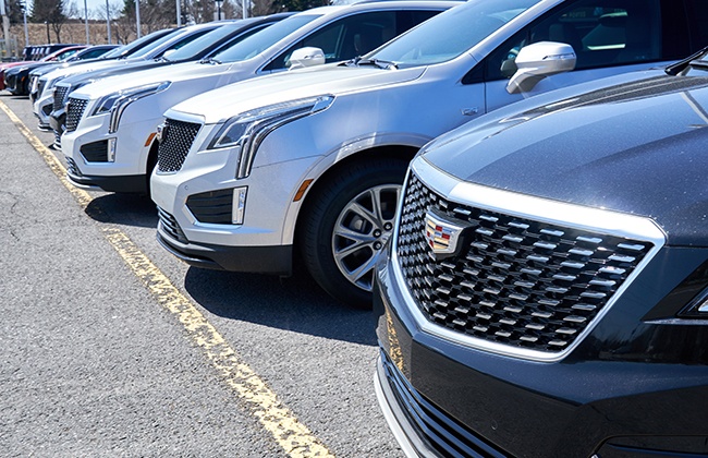 Montreal, Canada - April 4, 2020: Cadillac XT4 cars at dealership. Cadillac is a division of American automobile manufacturer General Motors GM that designs and builds luxury vehicles.