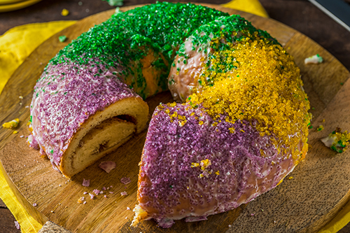 Homemade Colorful Mardi Gras King Cake for Fat Tuesday