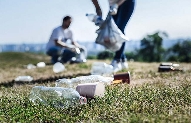 Environmental pollution. Selective focus of litter lying on the grass in the park