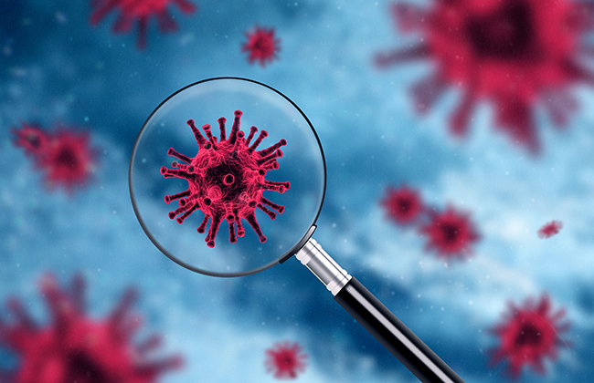 Magnifying glass showing red virus bacteria, 3d microscopic microorganism background, modern biotechnology concept