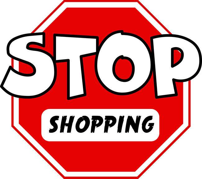A cartoon style, octagonal Stop Shopping sign vector in red and white