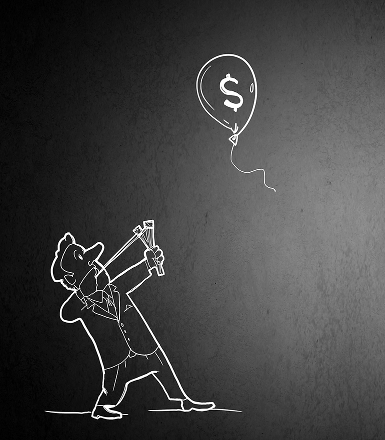 Caricature of businessman shooting in flying dollar balloon