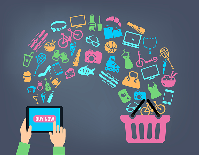 Shoppping background concept with icons - shopping online, using a PC, tablet or a smartphone. Can be used to illustrate mobile communication topics or consumerism.